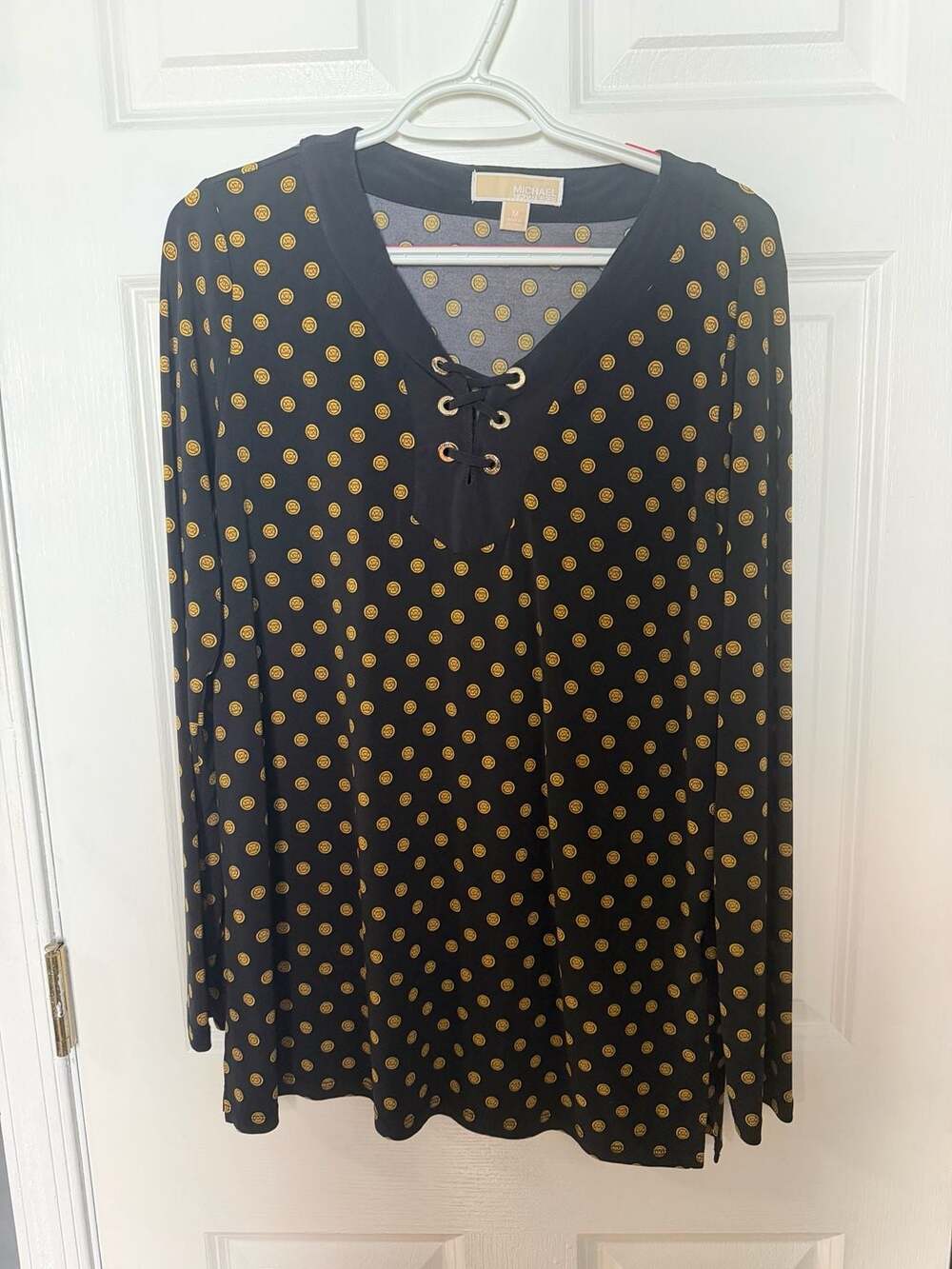 MICHAEL Michael Kors Black and Gold Logo Print Lace-Up V-Neck Long Sleeve Blouse